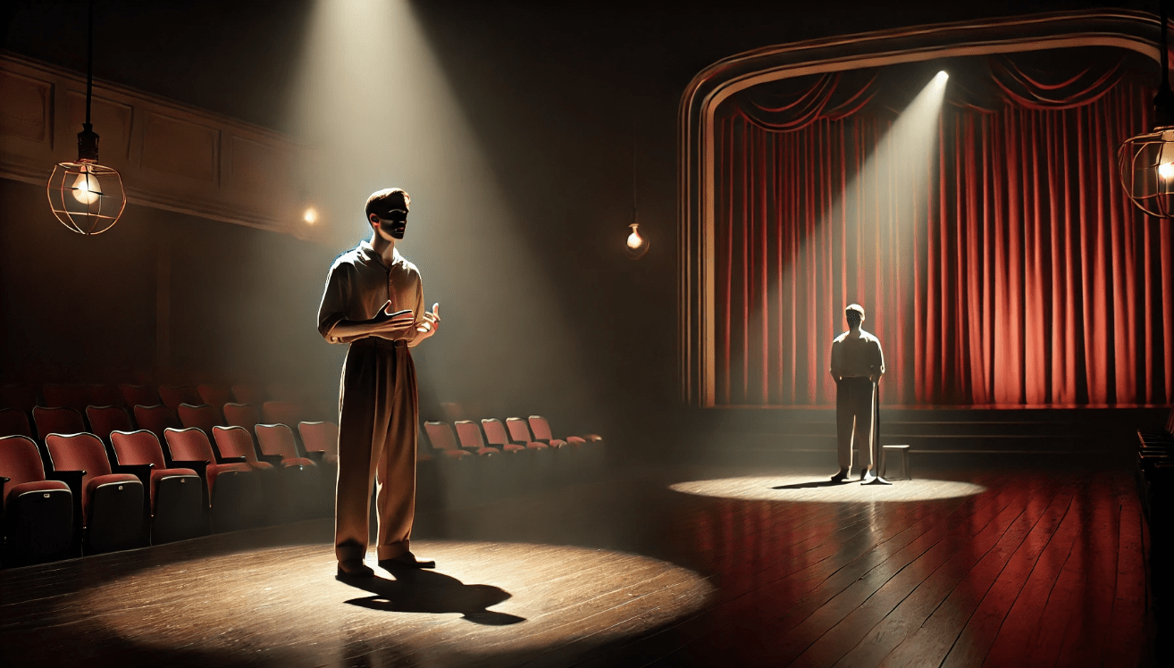 Lone actor stands under a spotlight on a dimly lit theater stage