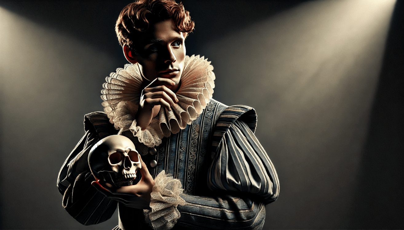 Contemplative character in ornate Renaissance clothing holds a skull