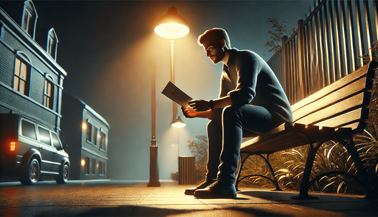 Solitary figure under a streetlight at night clutches a photograph,