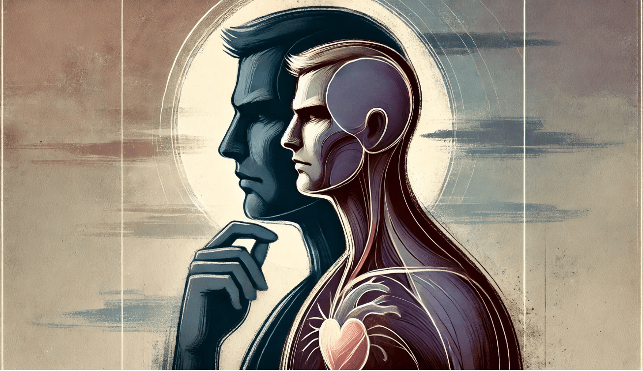 A conceptual digital illustration of a single figure represented by two overlapping silhouettes