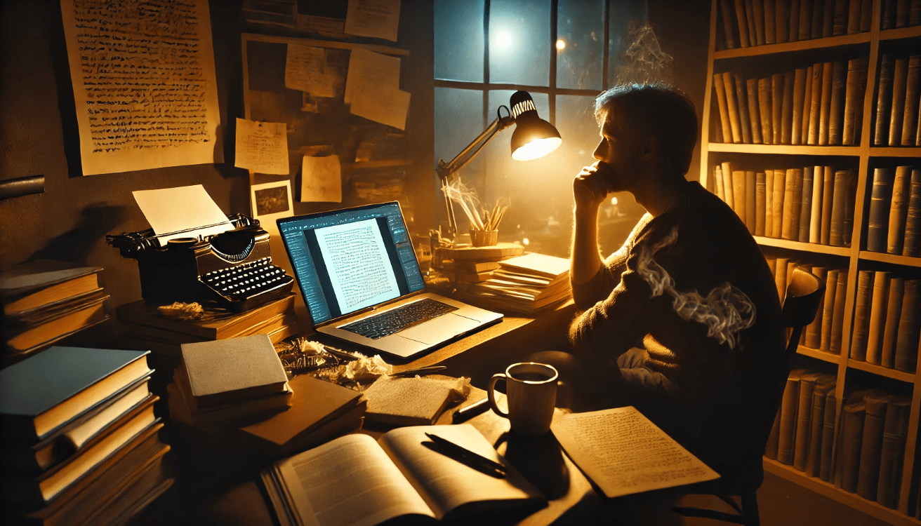 A nighttime writing scene showing a writer seated at a wooden desk cluttered with handwritten notes