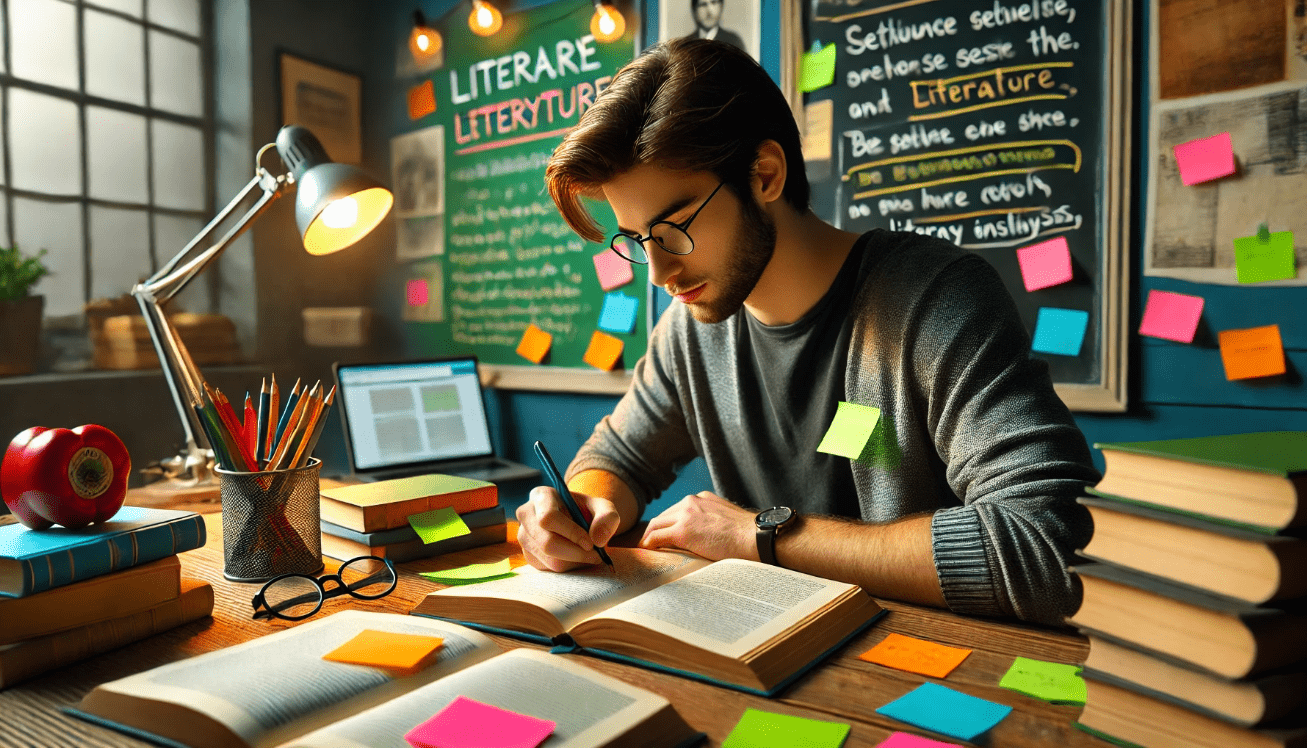 A student sits at a study desk with an open literature book filled with colorful sticky notes and highlighted text