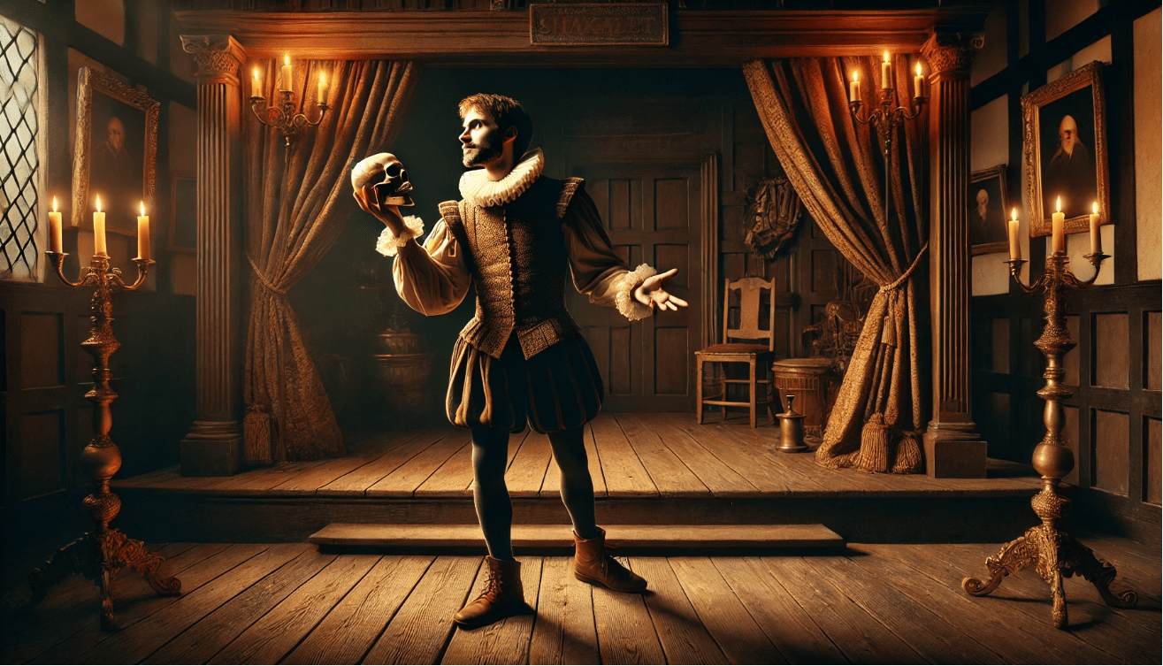 A stylized Elizabethan theater scene with a lone actor portraying Hamlet