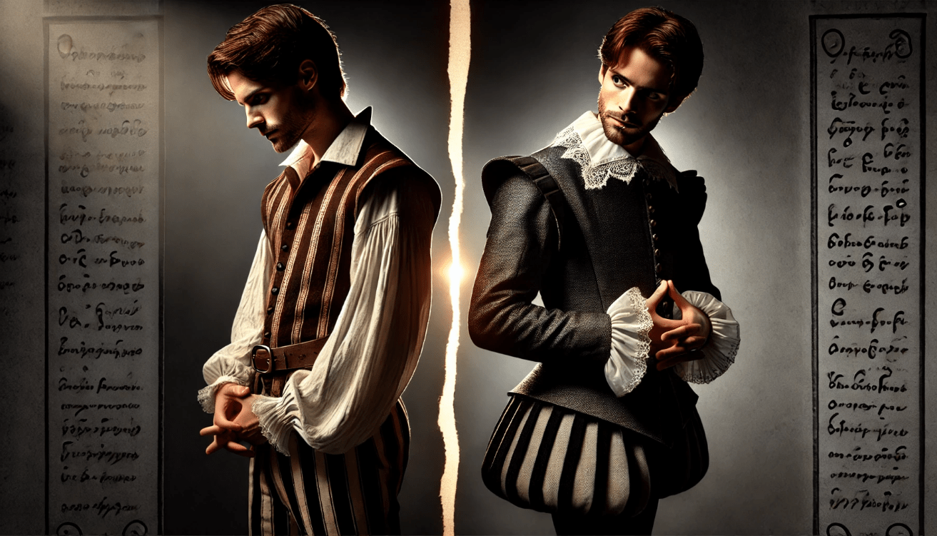 On the left side, the character appears hesitant and conflicted, looking downward with a tense posture in dim, moody lighting