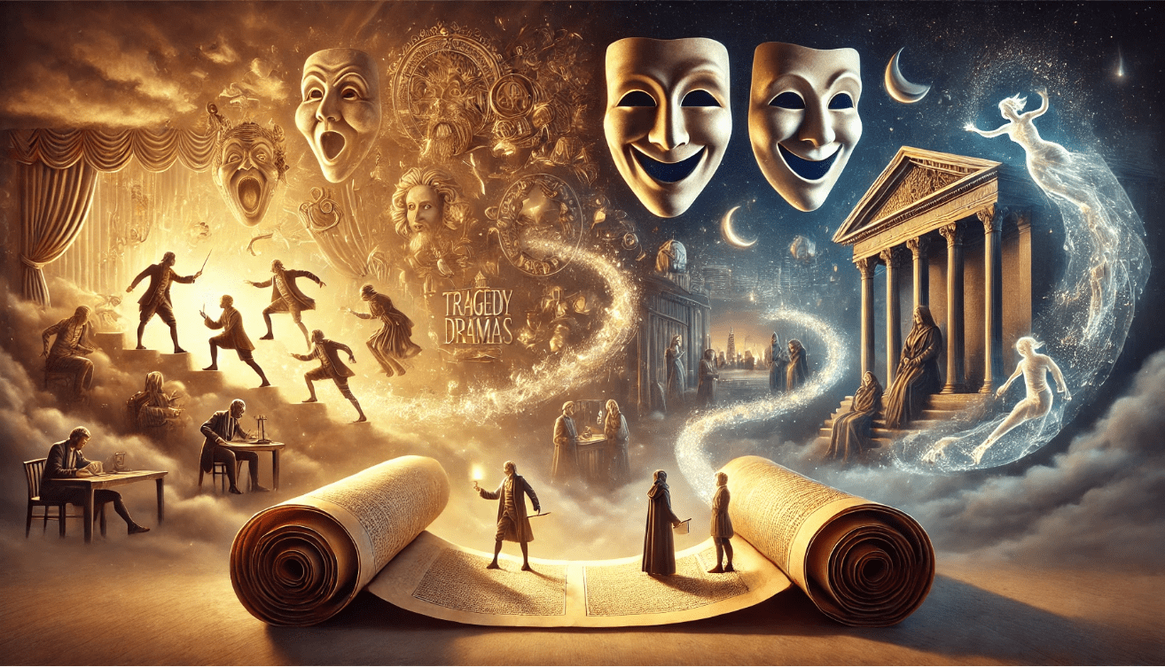 Floating above the scroll are translucent scenes from Shakespearean plays and modern dramas—a medieval castle