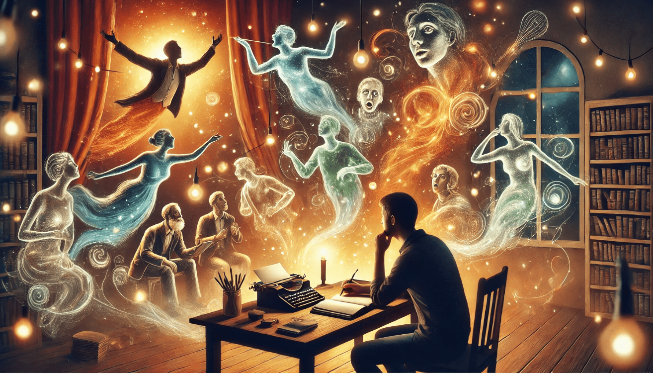 An imaginative digital illustration of a writer sitting at a desk in a warmly lit room, surrounded by ghostly, glowing figures of fictional characters