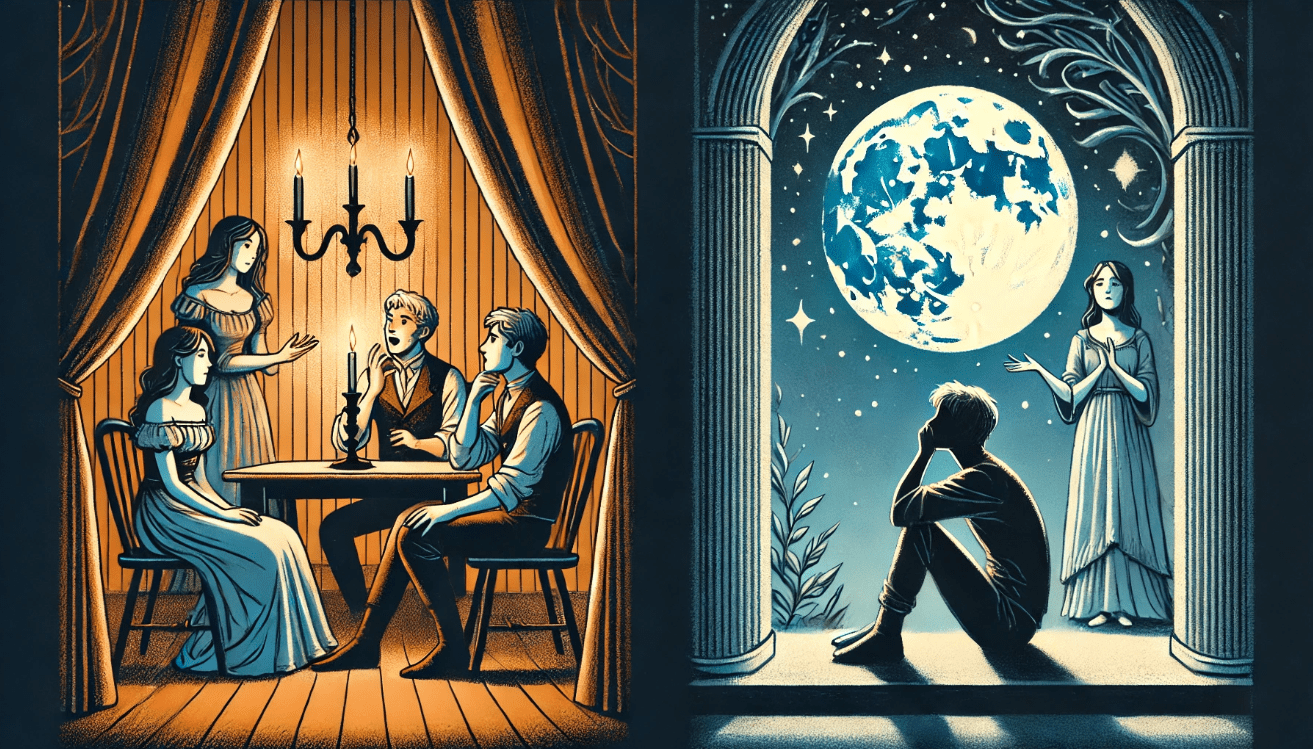 A split-scene illustration showing two characters in a tense, emotional conversation in a candlelit room on the left, and a solitary character under moonlight on the right, speaking aloud with a reflective expression
