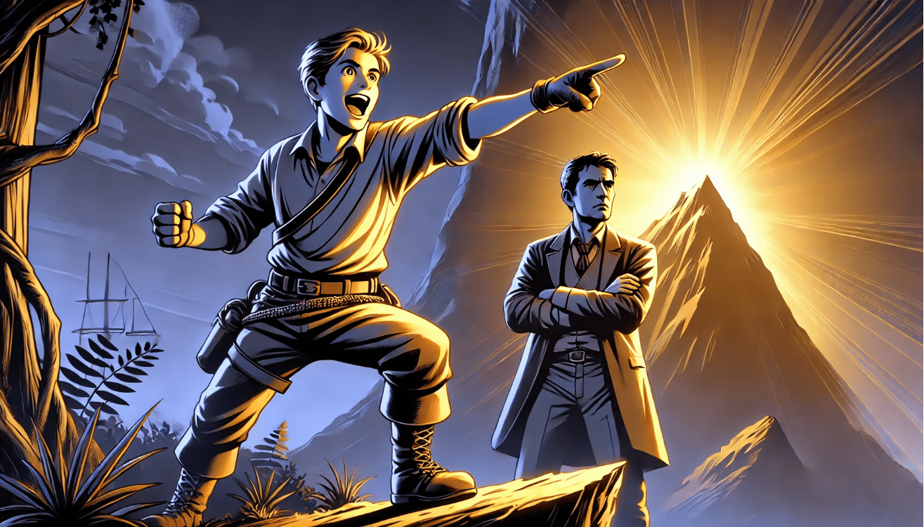 Two adventurers in a mystical, mountainous setting. One character is animated and hopeful, pointing toward a shining peak, while the other stands back with folded arms and a doubtful expression