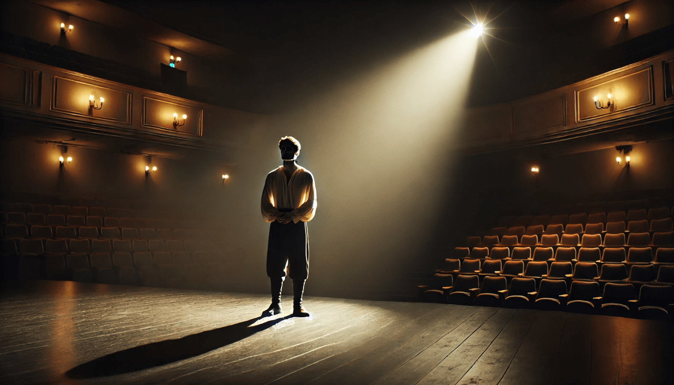 An actor stands alone on a dimly lit theater stage under a narrow spotlight