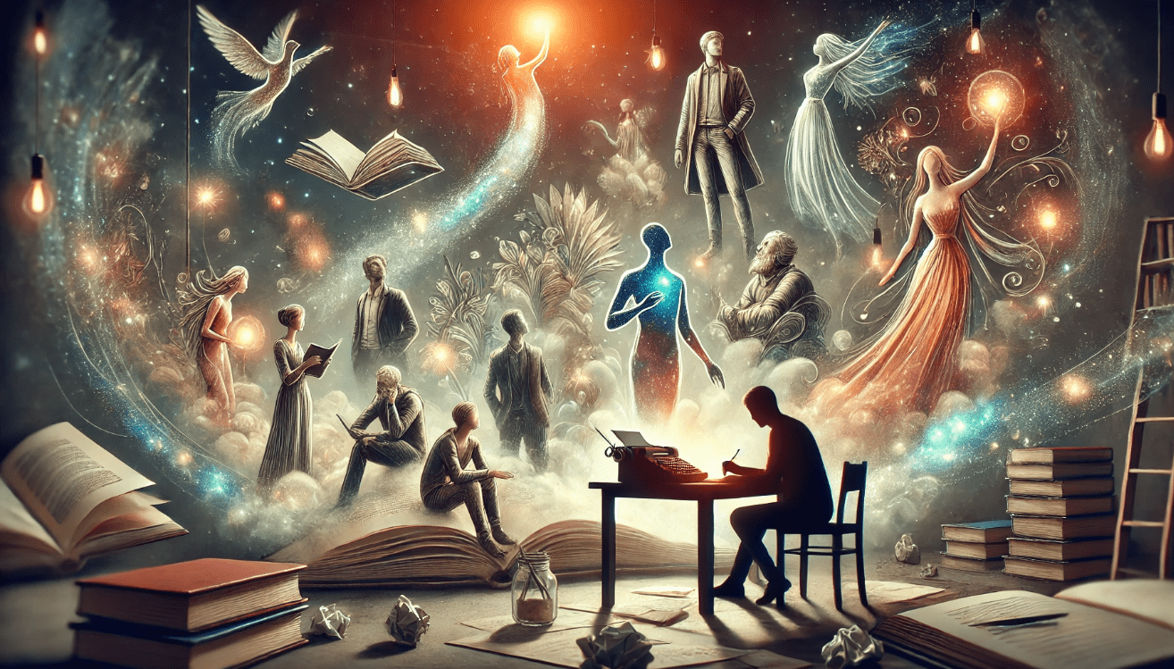 A dreamlike scene of a writer at a wooden desk, illuminated by soft ambient light, finishing a story