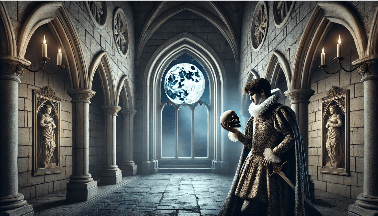 A dramatic illustration of a stylized medieval prince standing in a dimly lit stone corridor at night