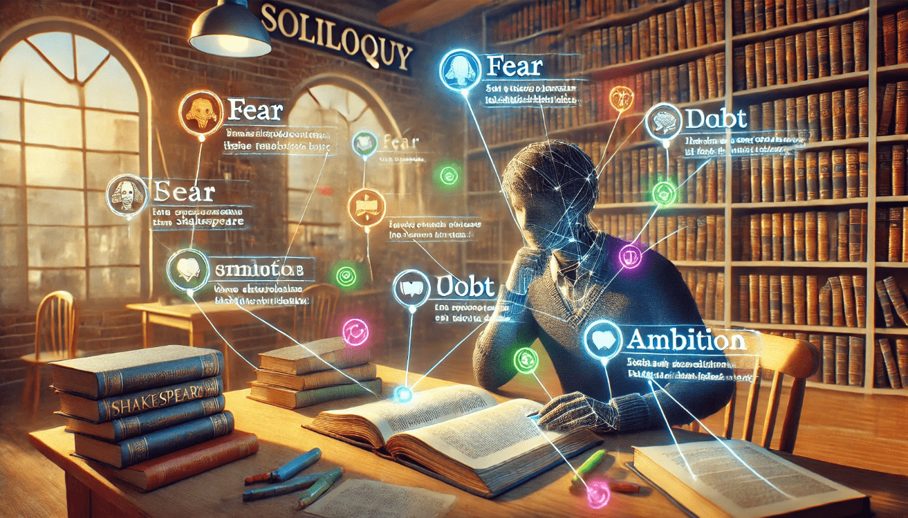 A digital illustration of a student sitting at a desk, highlighting phrases on a printed soliloquy with brightly colored markers