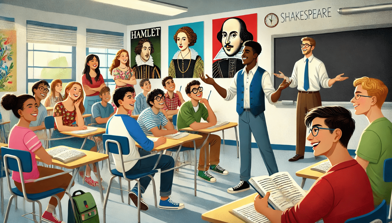A semi-realistic educational illustration of a high school classroom where a diverse group of students is engaged in a scene performance