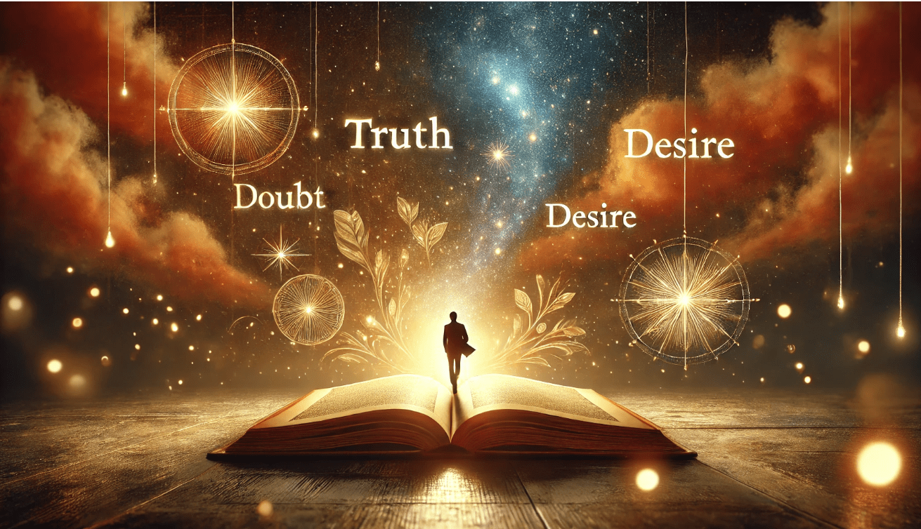 A magical realism digital artwork shows an open book at the center, its glowing pages unfolding into a radiant stage