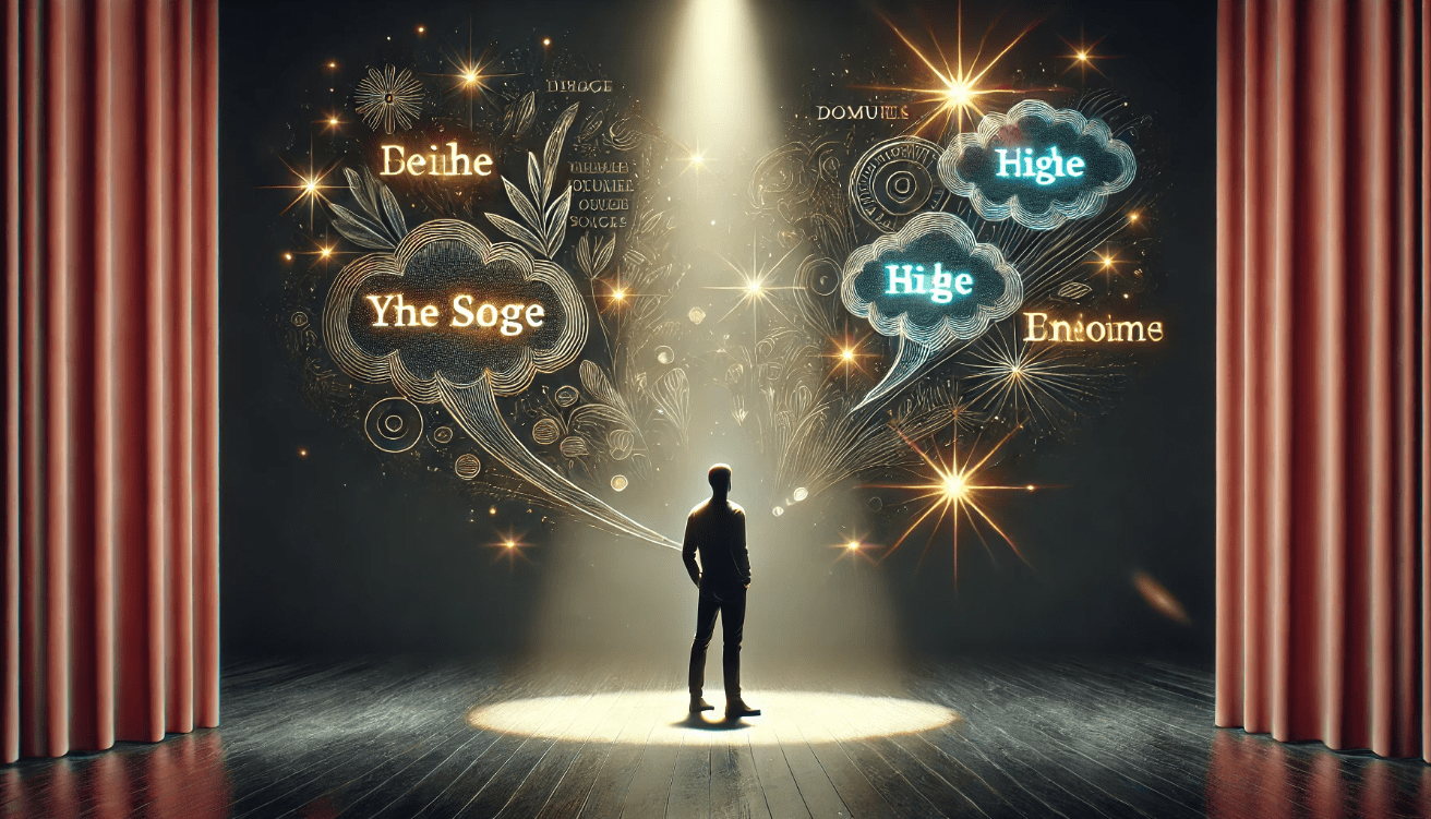 A modern theater stage bathed in a dramatic spotlight centers on a lone figure speaking emotionally