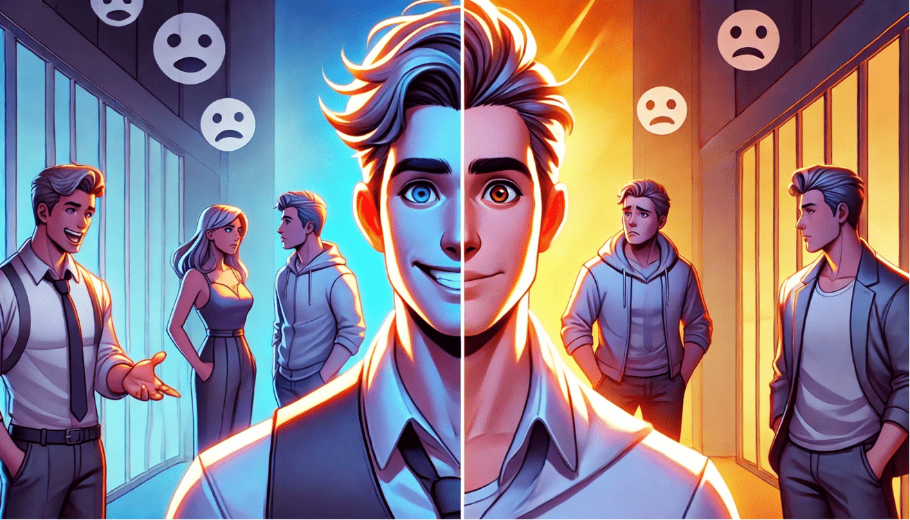 A modern, artistic split-scene of a single character expressing emotional contrast
