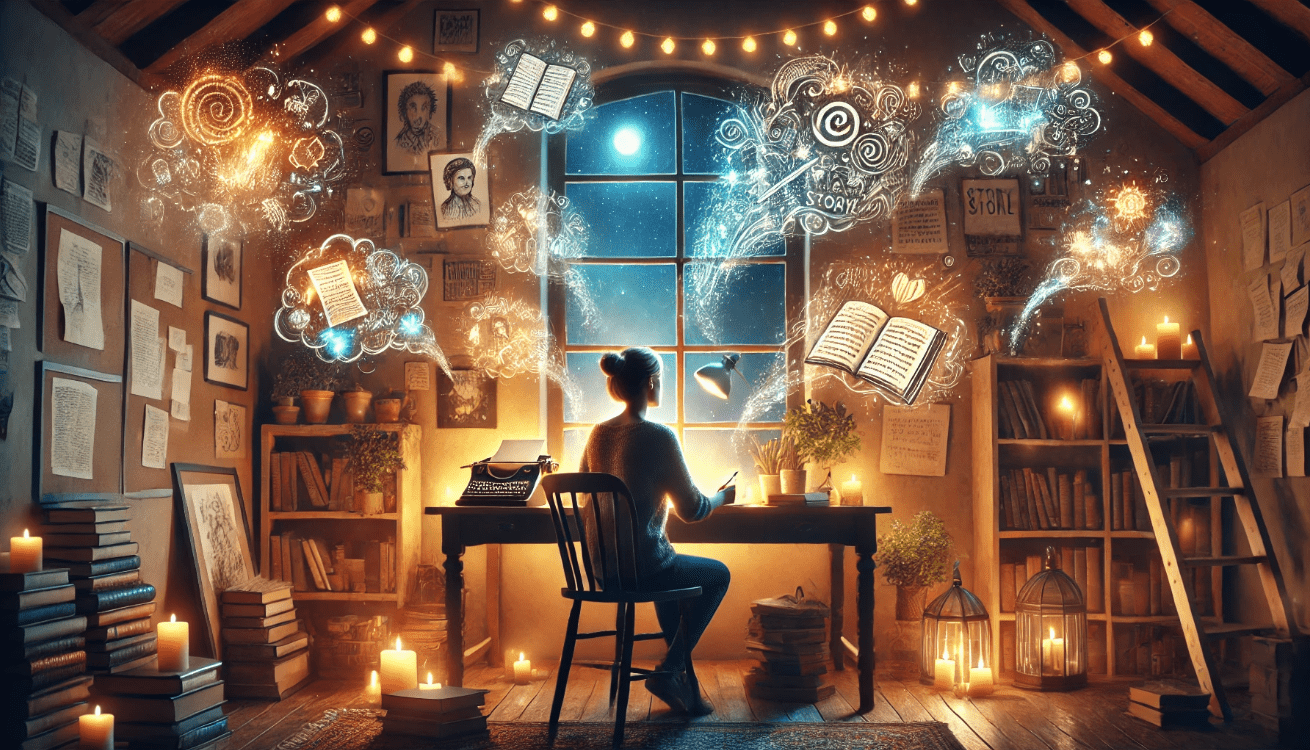 A cozy, warmly lit writing room with a focused writer sitting at a wooden desk.