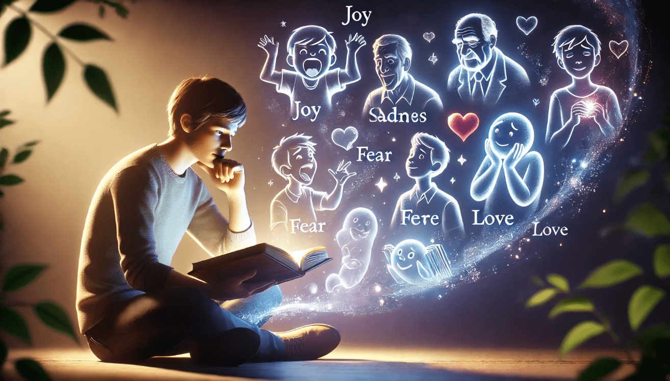 A thoughtful reader sits with an open book in their lap, bathed in warm, soft lighting. Ethereal, ghost-like figures rise from the pages, each displaying a distinct emotion—joy, sadness, anger, fear, and love
