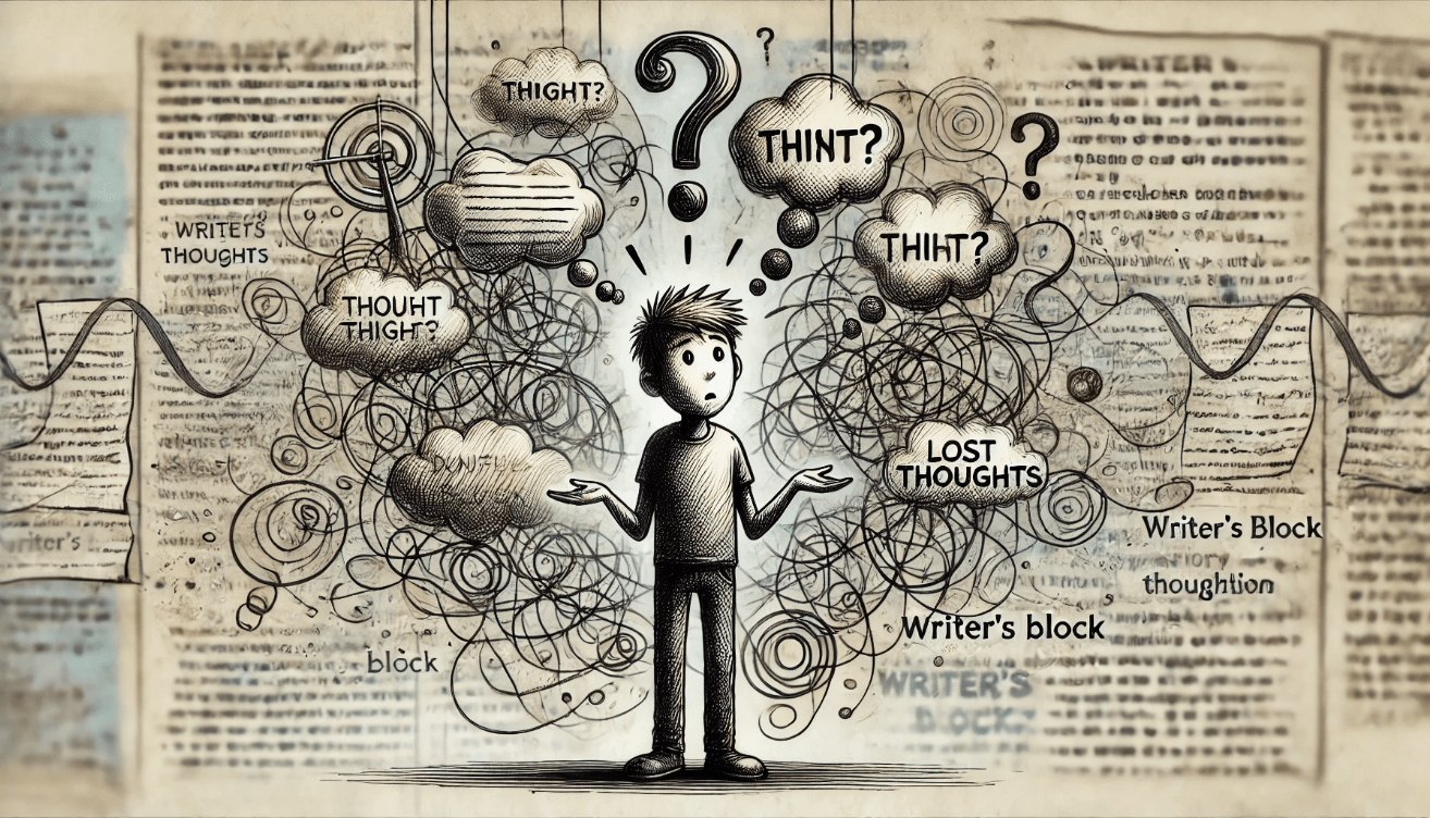 A symbolic illustration of a confused character standing amid a flurry of tangled and overlapping thought bubbles