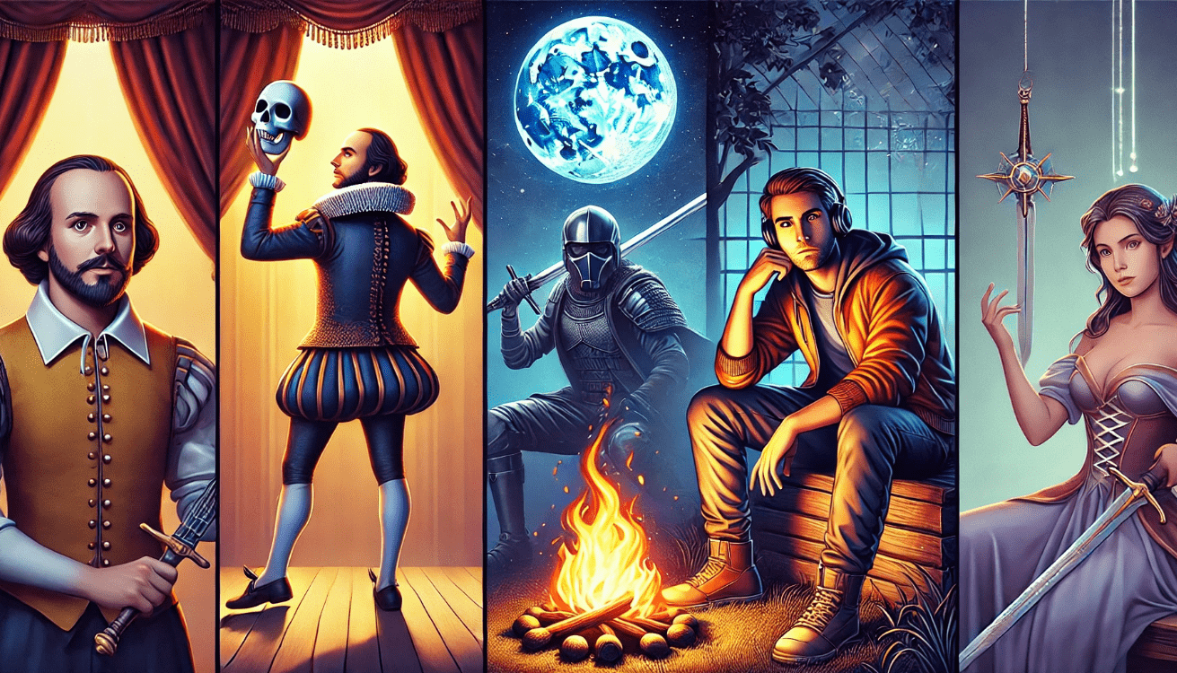 Illustration showing three storytelling mediums: a Shakespearean actor holding a skull under stage lights