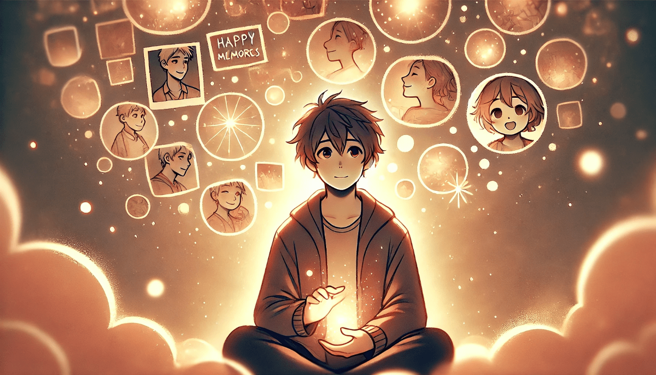A warm, emotional illustration of a character sitting peacefully, surrounded by glowing thought bubbles and faded snapshots showing memories, fears, and dreams