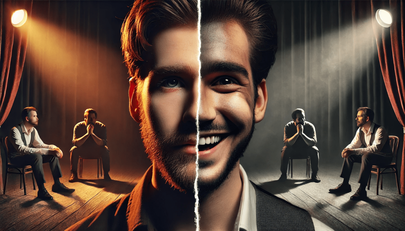 A theatrical character’s face split into two expressions—one half calm and smiling, the other half distressed and emotional