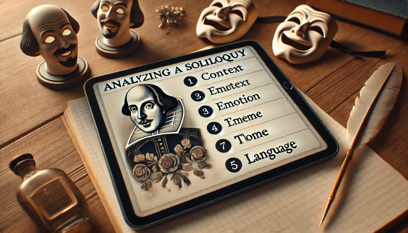 A notepad shows a checklist titled “Analyzing a Soliloquy,” featuring five bullet points: “Context,” “Emotion,” “Theme,” “Tone,” and “Language.