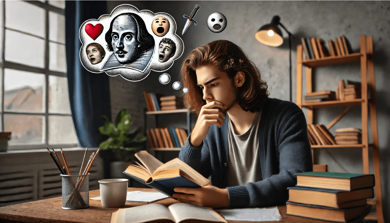 A high school or college student sits at a desk, reading a Shakespearean play with focused interest. Notes and a cup of coffee are spread across the desk