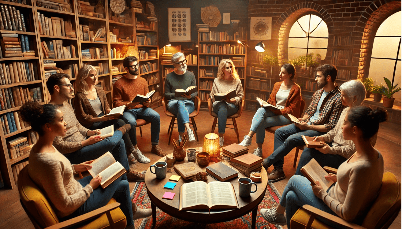 A reading circle gathered in a snug, ambient room filled with books and soft lighting. The diverse group, including people of different backgrounds and ages, is actively discussing a book with lively body language