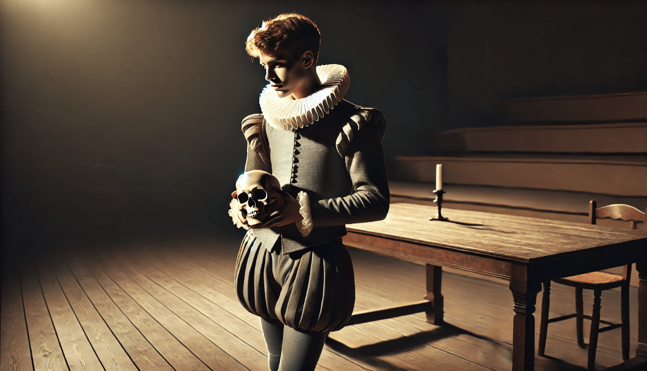 On a darkened stage, a solitary figure in detailed Elizabethan attire—complete with a ruffled collar and doublet—contemplates a skull in his hand.