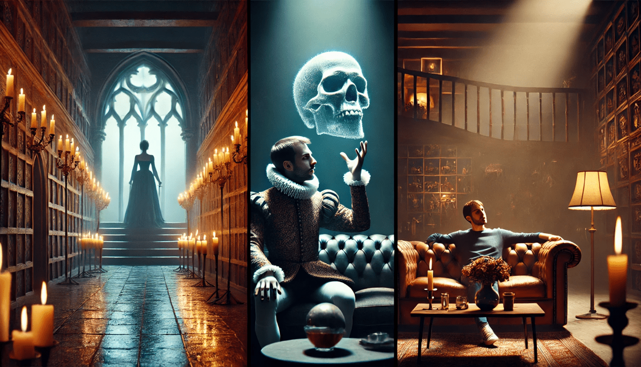 A dramatic three-part split cinematic image depicting iconic soliloquy moments