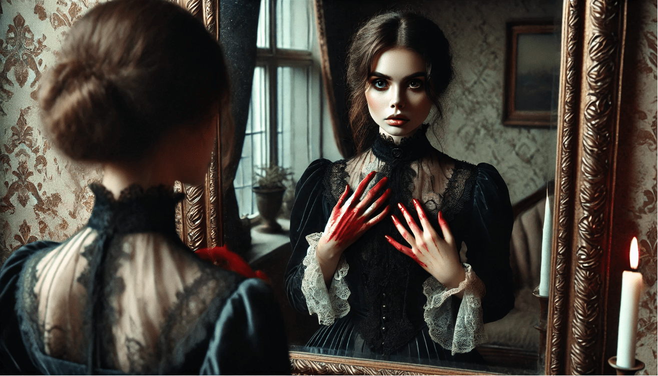 A woman in dark, vintage 19th-century clothing stands before an ornate, antique mirror in a dimly lit room