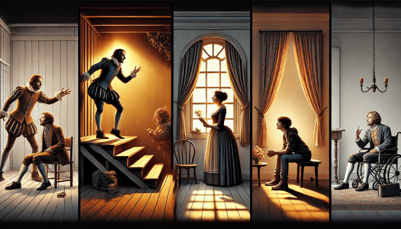 A wide visual timeline divided into three connected scenes.