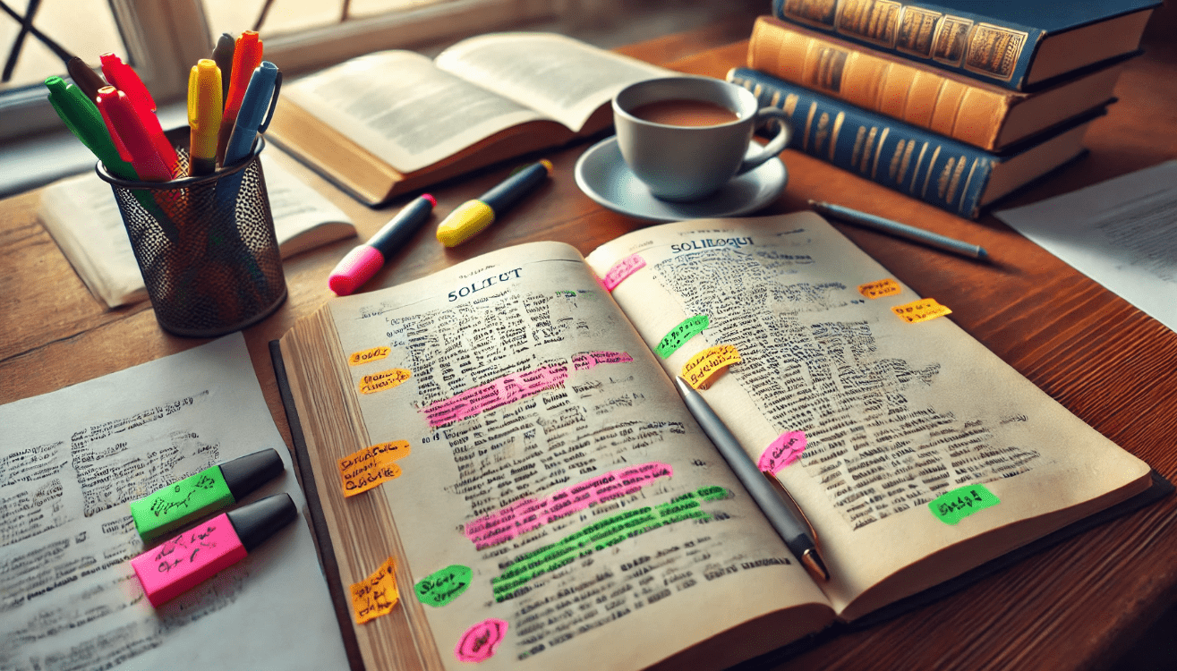 An open play script rests on a cluttered desk, its margins filled with handwritten notes and lines marked in various highlighter colors
