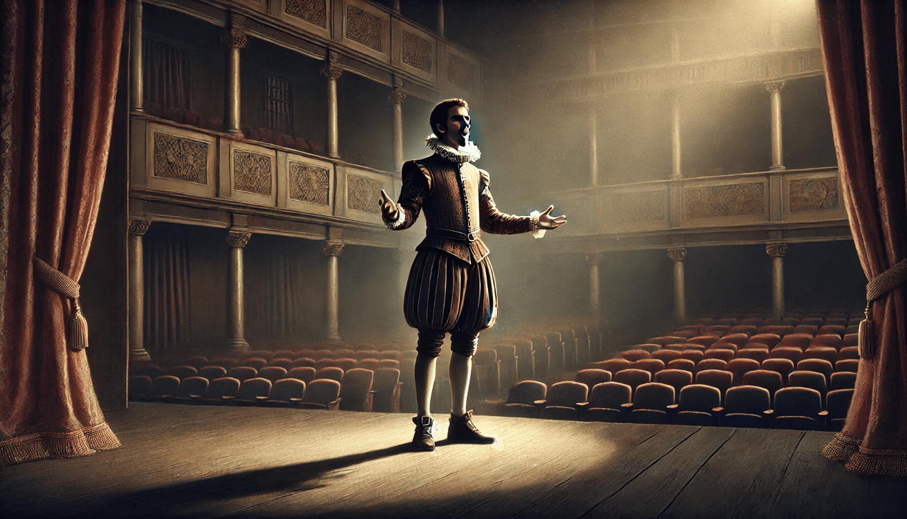 A dimly lit theater stage featuring a single Shakespearean figure in elaborate Elizabethan costume, illuminated by a narrow spotlight