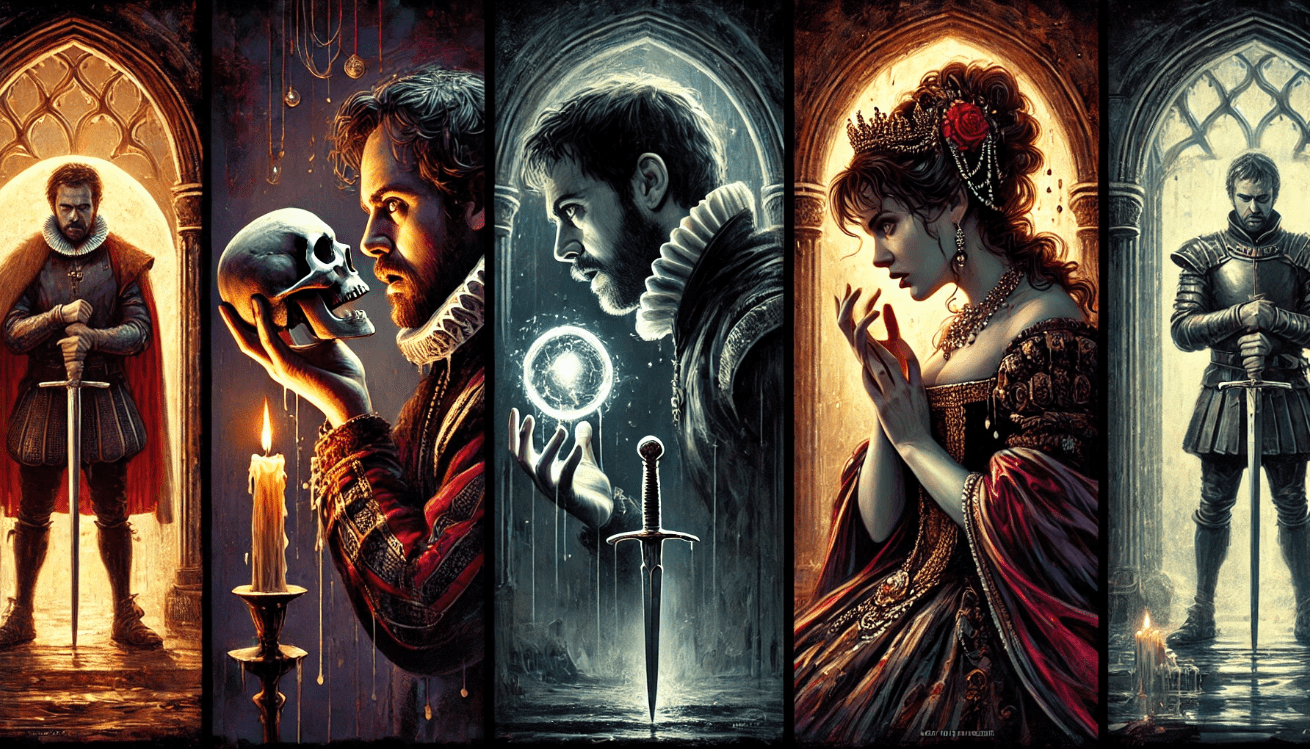 A dramatic, painterly digital split-panel illustration showing three iconic Shakespearean tragedy scenes
