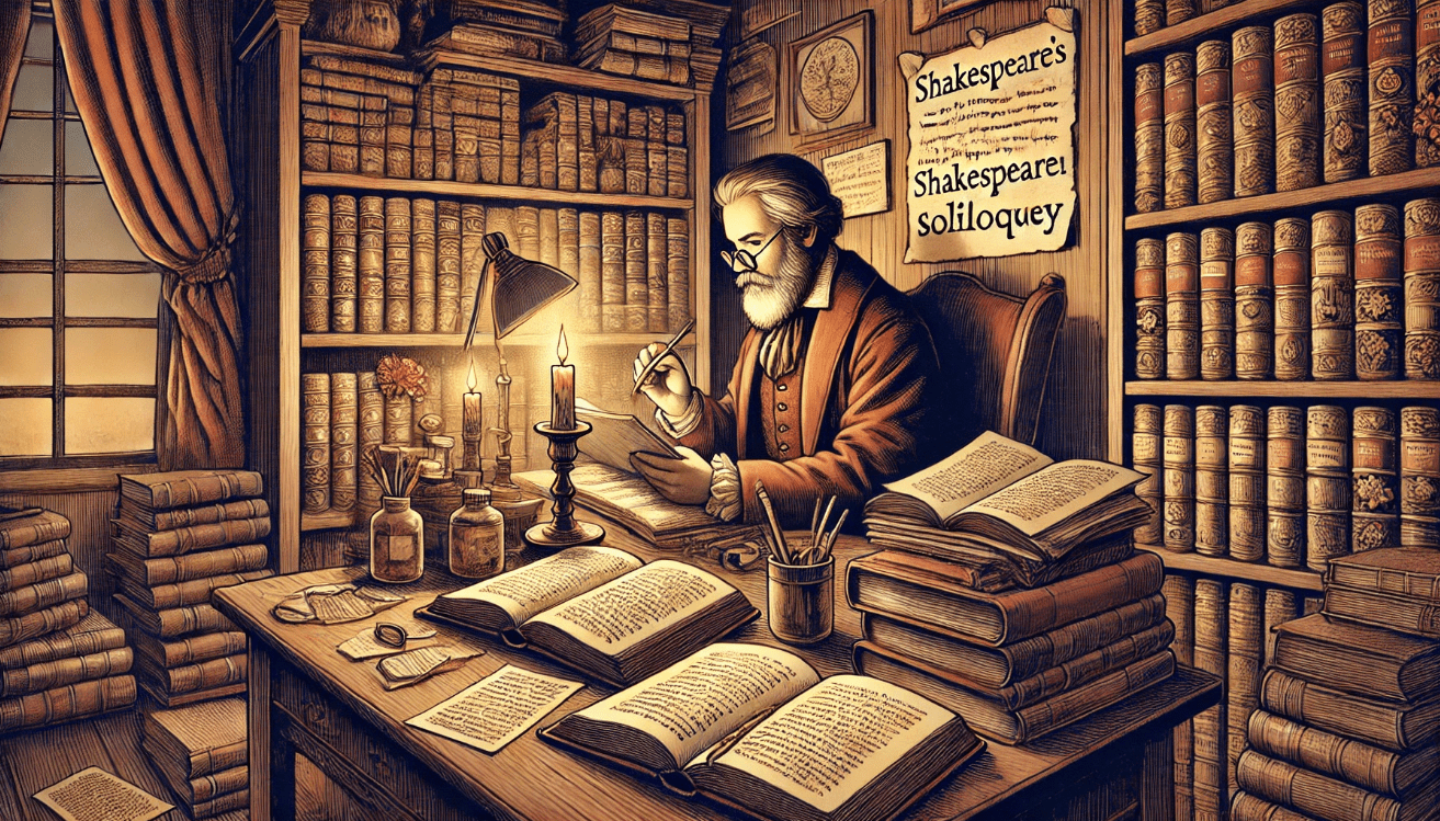A vintage-style digital illustration of a focused student studying at a cluttered desk lit by a flickering candle.