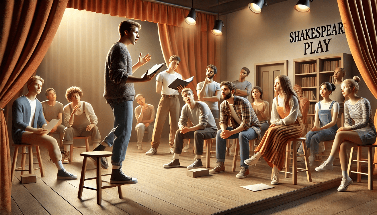 A semi-realistic scene of a small theater stage where a diverse group of students and actors rehearse a Shakespeare play
