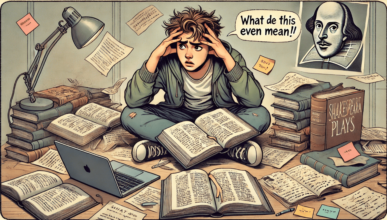 A humorous illustration of a young student sitting at a messy desk, looking frustrated while reading an old book of Shakespearean plays.