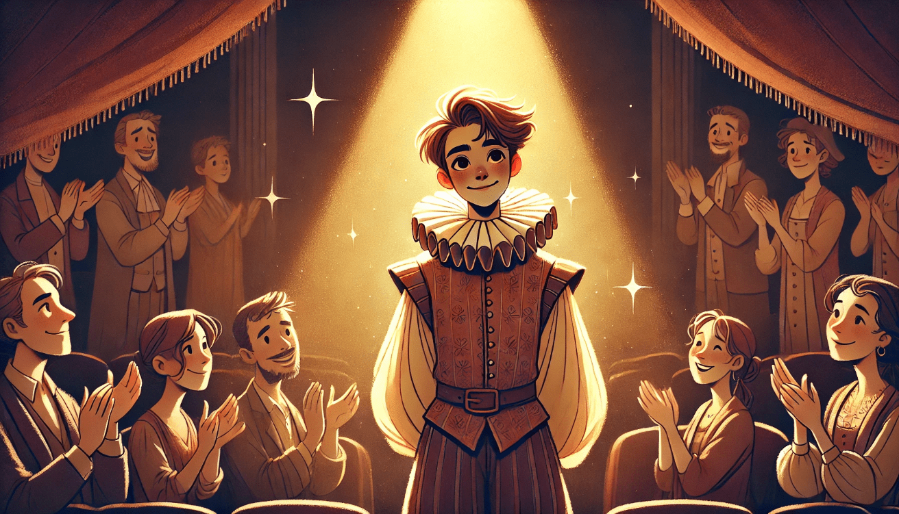 A hopeful scene showing a Shakespearean character center stage in full costume, basking in a spotlight after an emotional monologue