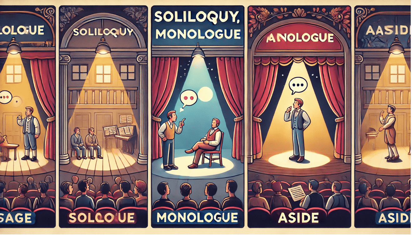An educational infographic divided into three labeled panels illustrating theater terms.