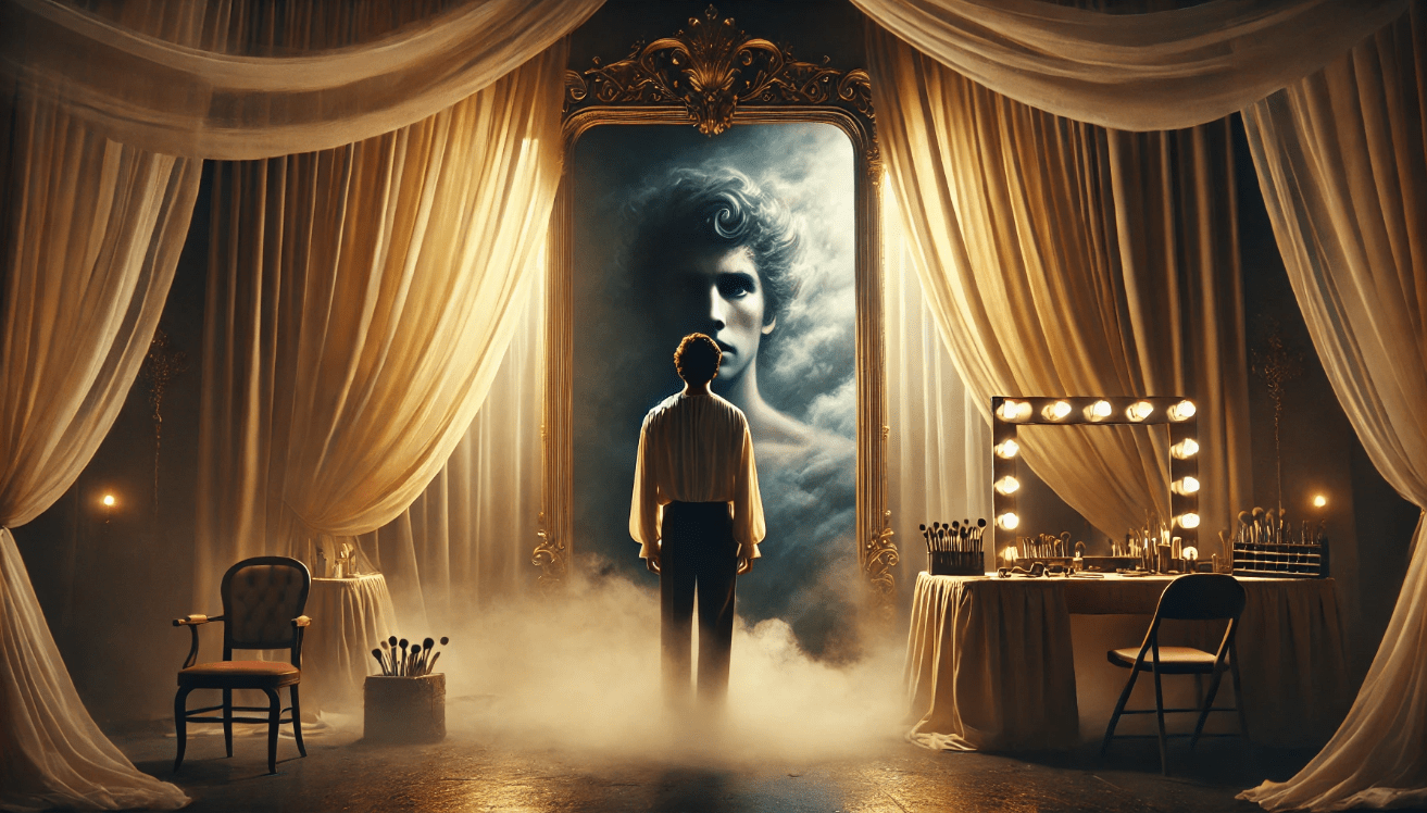 A symbolic, dreamlike scene of a character standing before a large ornate mirror in a softly lit theater dressing room