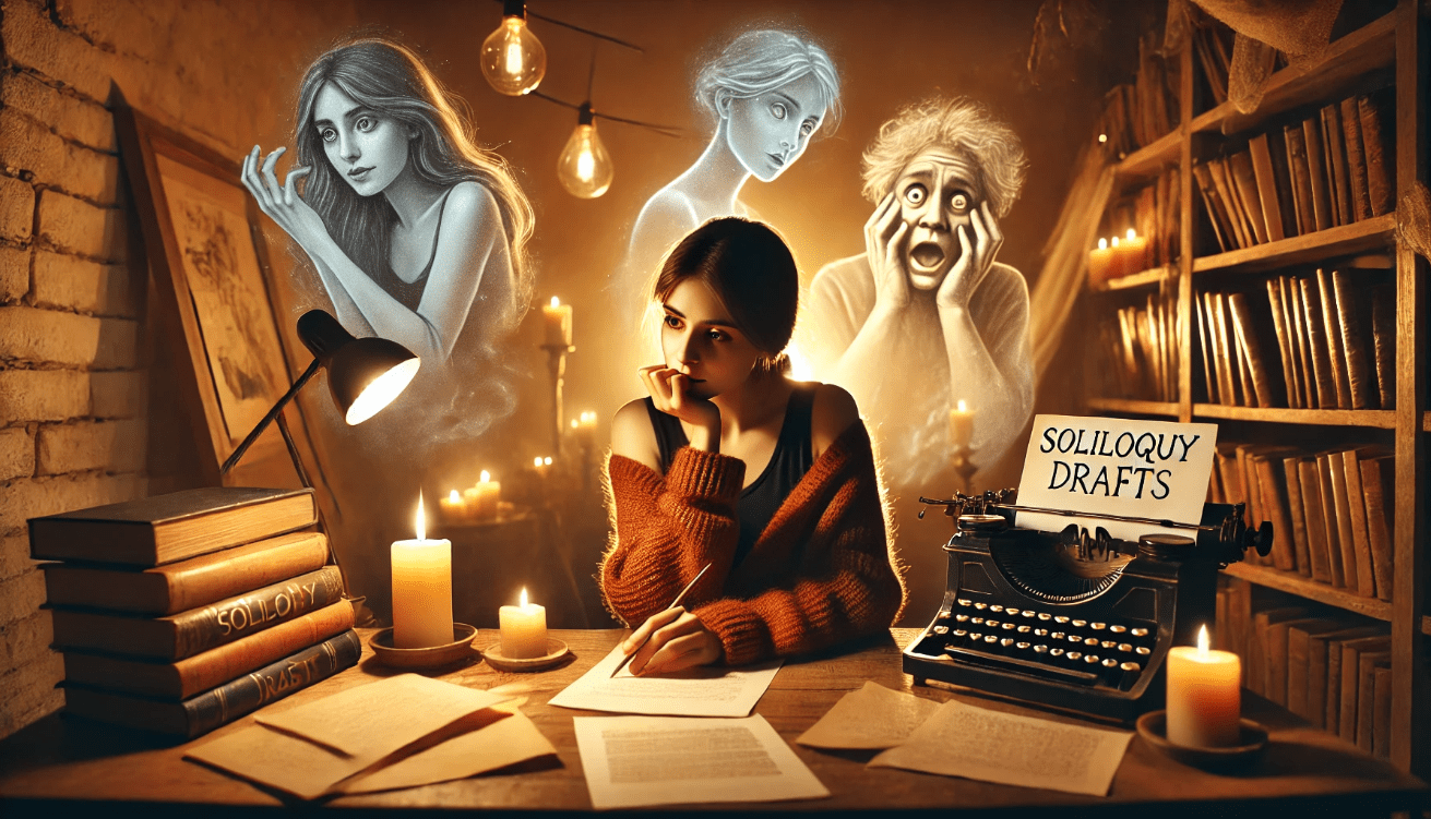 A cozy, magical scene of a writer sitting at a wooden desk in a softly lit, creative room. The writer looks inspired while gazing at a stack of papers labeled "Soliloquy drafts."