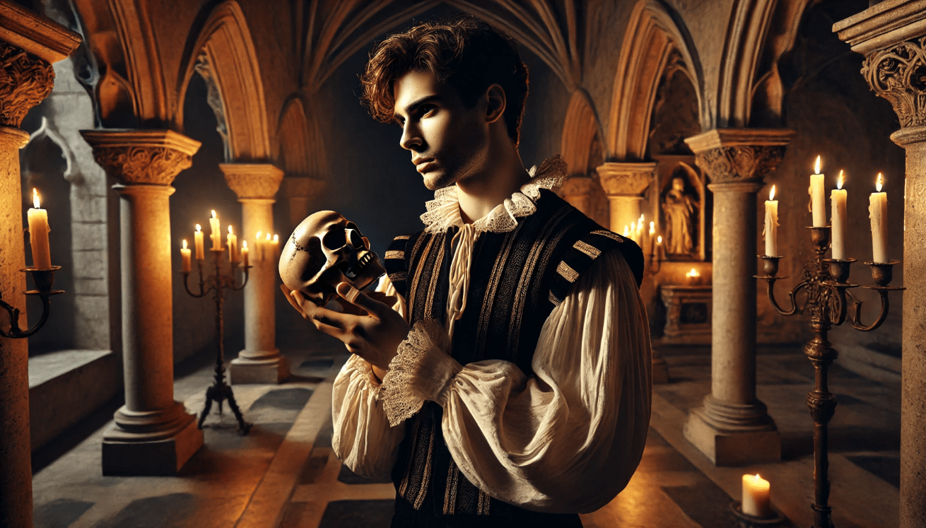 In a shadowy, gothic castle hall, a young man dressed in dark, ornate period clothing gazes sorrowfully at a skull in his hand