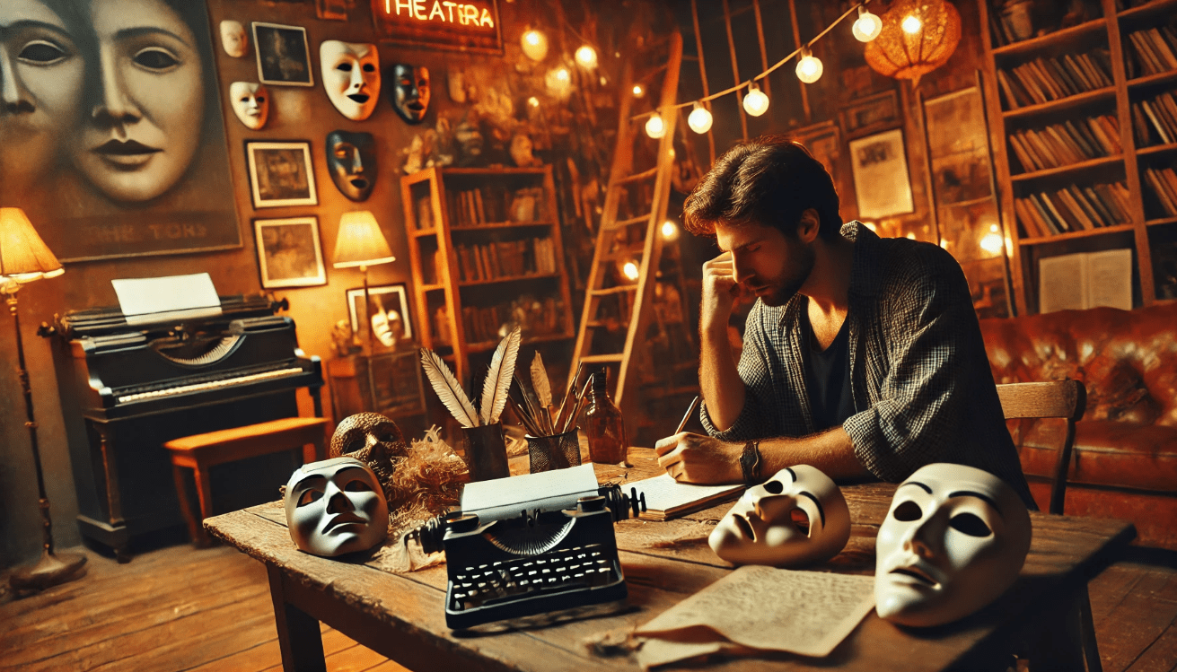 A focused writer sits at a wooden desk cluttered with theater masks, stage props, and handwritten notes.