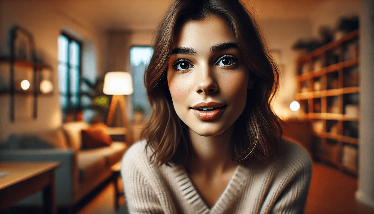 A young woman stares into the camera with a knowing, vulnerable expression, as if confiding in the viewer.