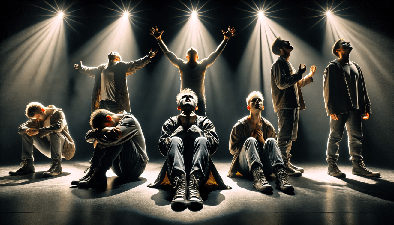 On a dimly lit stage, three actors are spotlighted individually, each embodying a different emotion.