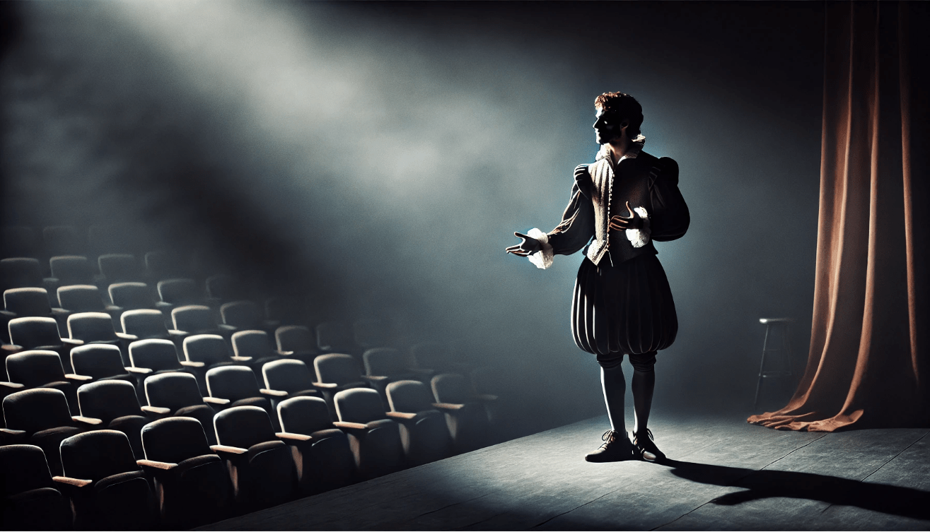 A single actor in classical Shakespearean costume stands alone on a dimly lit stage under a solitary spotlight.