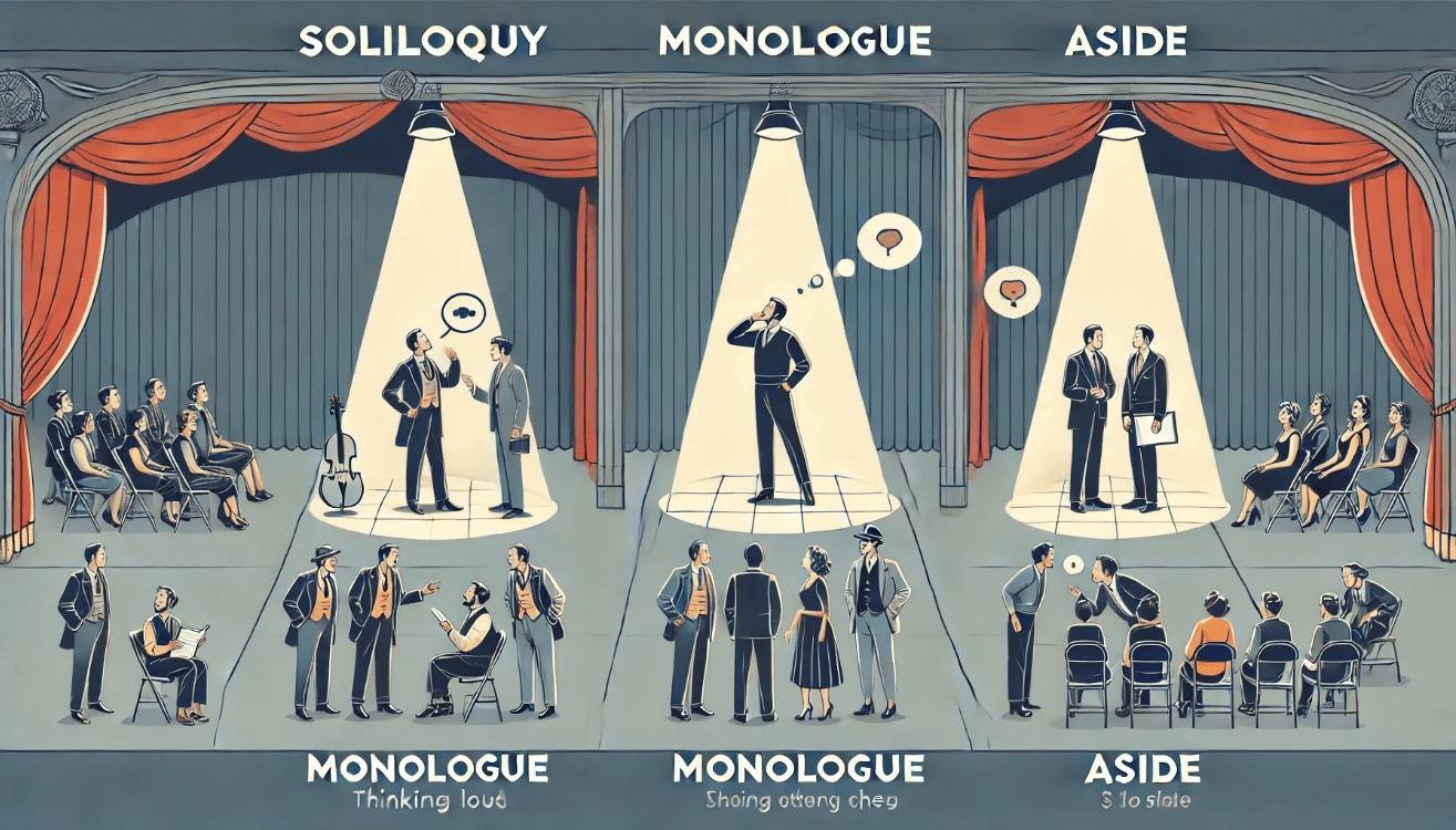 An infographic-style image comparing soliloquy, monologue, and aside in theater