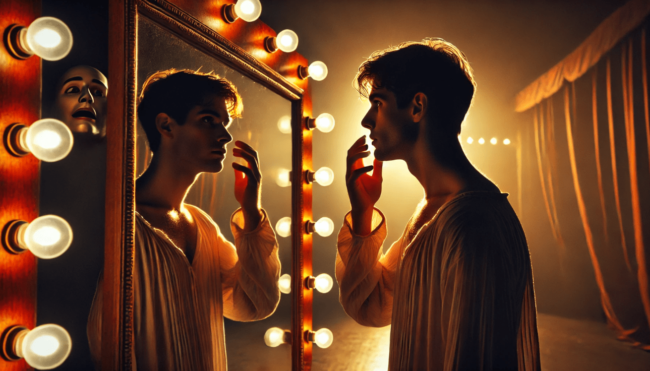 A character stands calmly before a mirror in warm, dramatic lighting